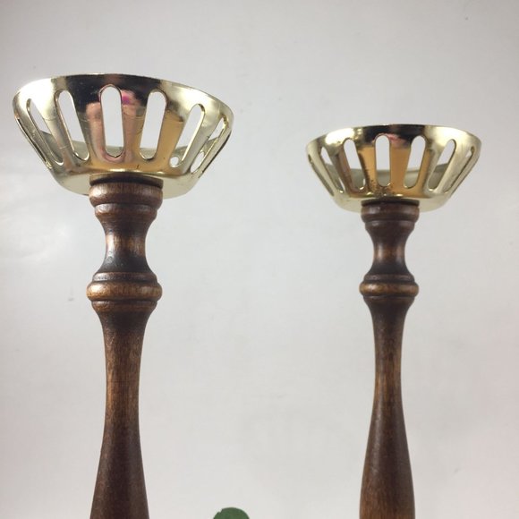 Retro Turned Wood and Metal Pair Candle Holders Votive Tall - Picture 7 of 10